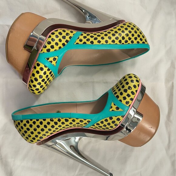 Versace 2010 Pois Print Pump - Yellow Teal Platform Metal Heels 39 - RARE - Picture 4 of 14